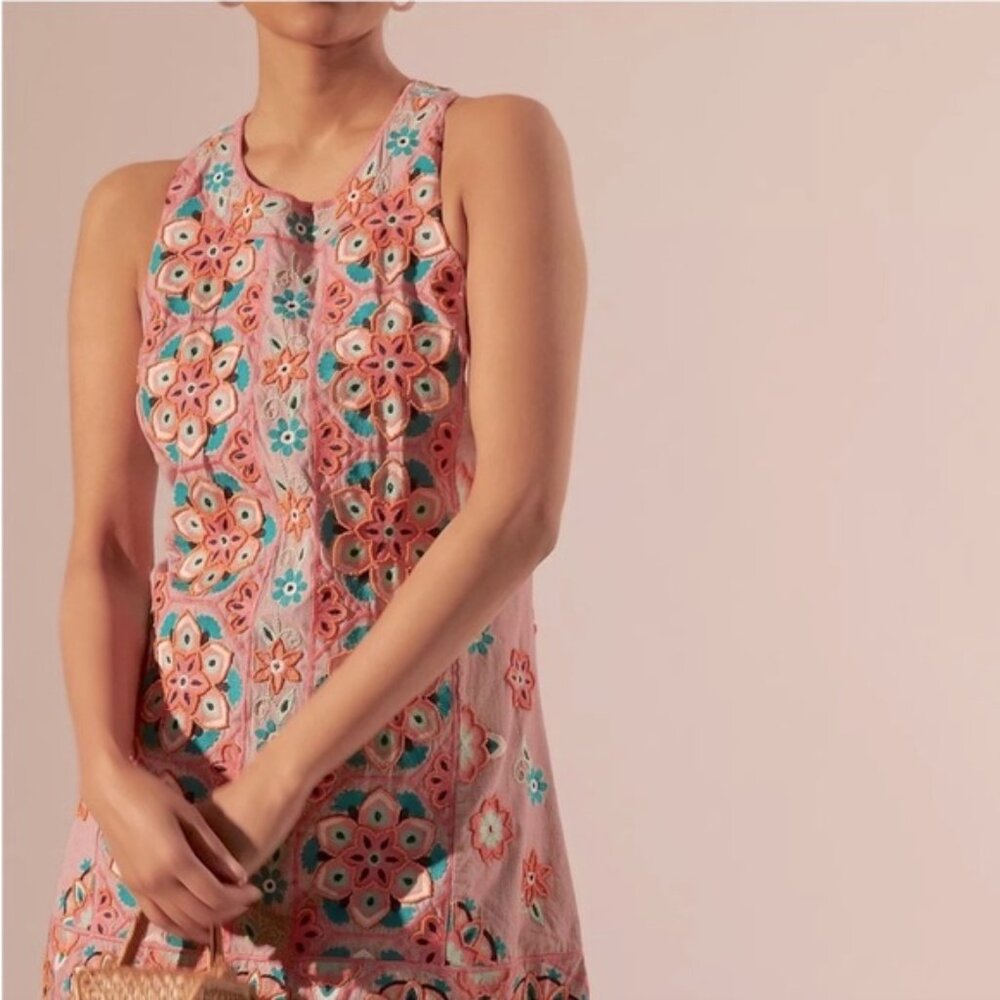 Anthropologie Embroidered & Appliqued Dress - Pink with Multicolor Floral Size 0 - Picture 2 of 12